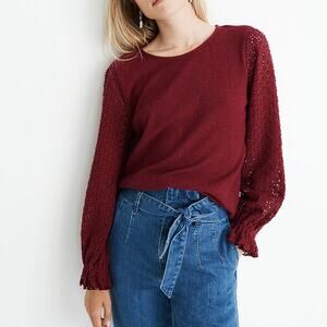 Madewell Eyelet Mix Ruffle Sleeve Top Maroon Balloon Sleeve Shirt